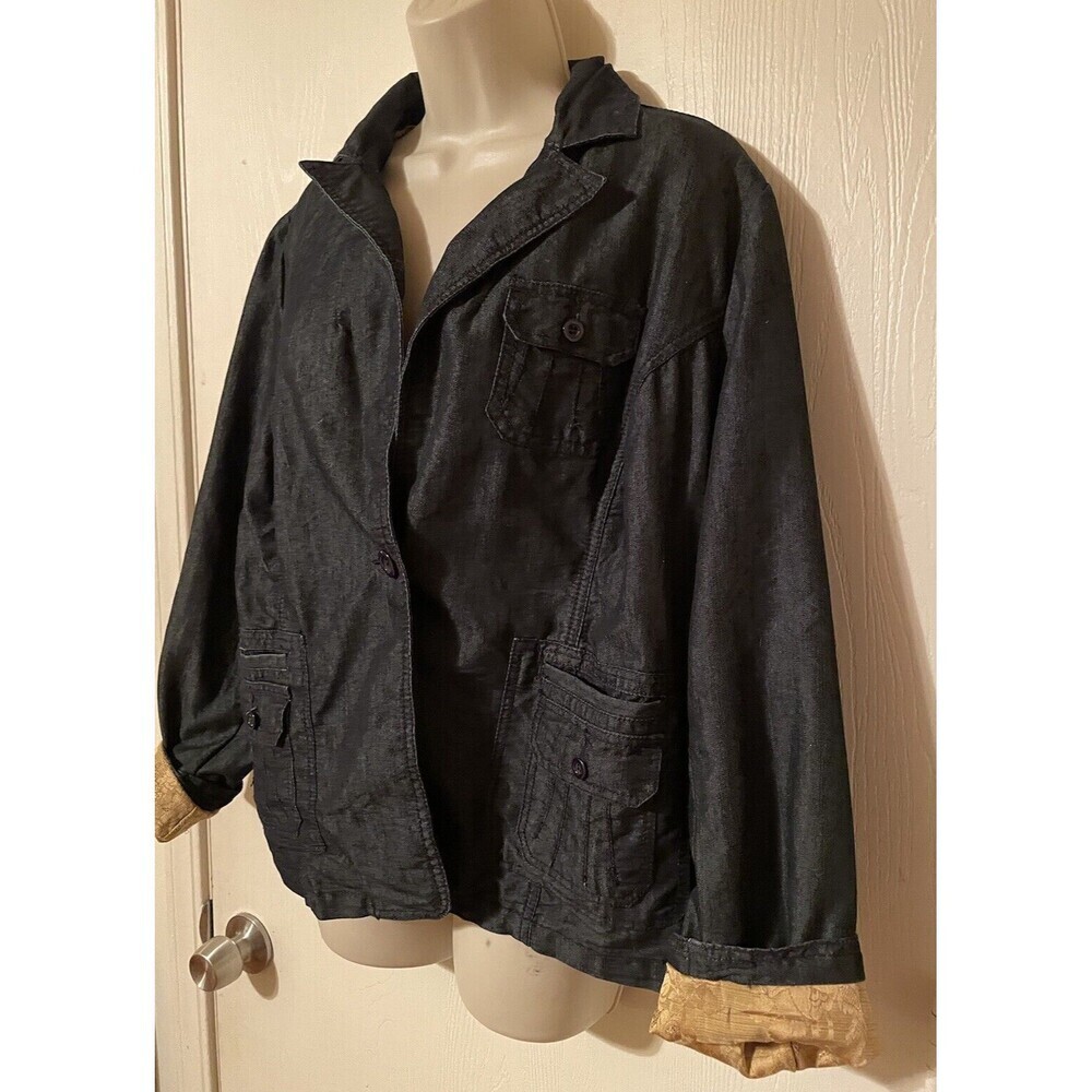 Apostrophe Blue Denim Gold Lined Pocketed Single Button Jacket Coat SZ 16W - Picture 2 of 11